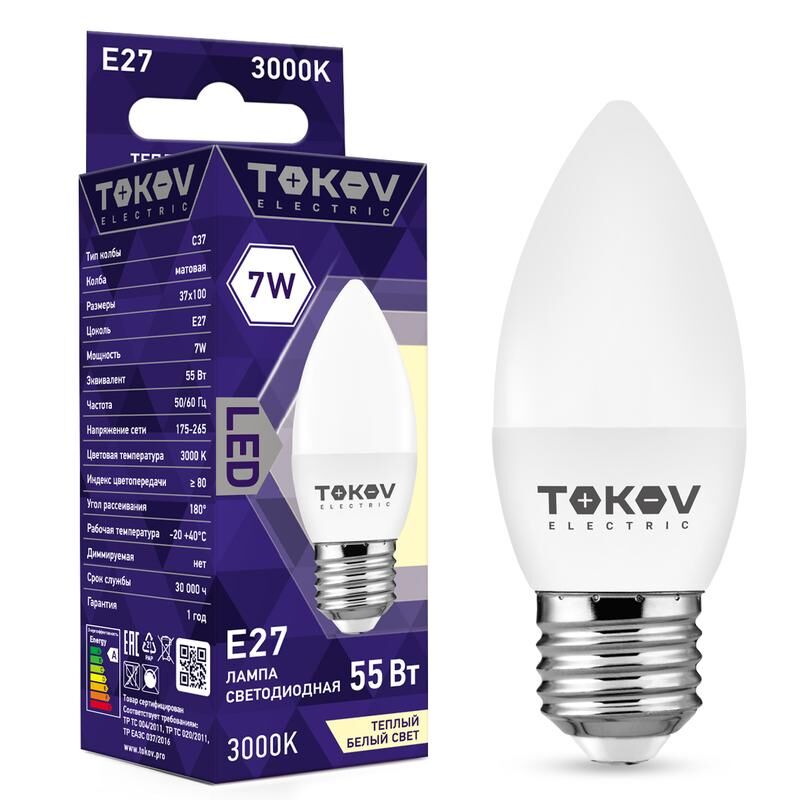 Лампа светодиодная 7 Вт С37 3000К Е27 176-264В TOKOV ELECTRIC TKE-C37-E27-7-3K