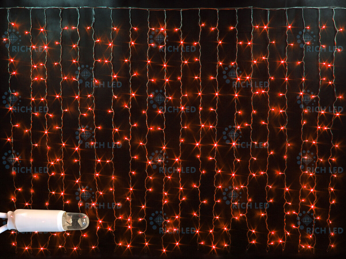 Светодиодный занавес LED, 2х1.5 м, 220В красный, постоянное свечение, IP65, герметичный колпачок, соединяемый