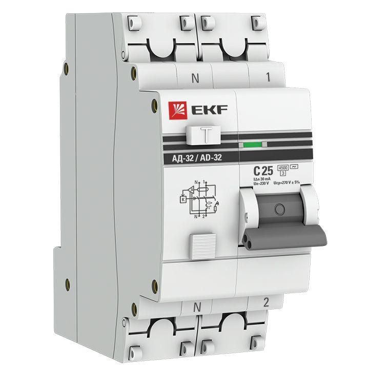 Выключатель автоматический дифференциального тока 2п (1P+N) C 25А 30мА тип AC 4.5кА АД-32 2мод. защита 270В электрон. PR