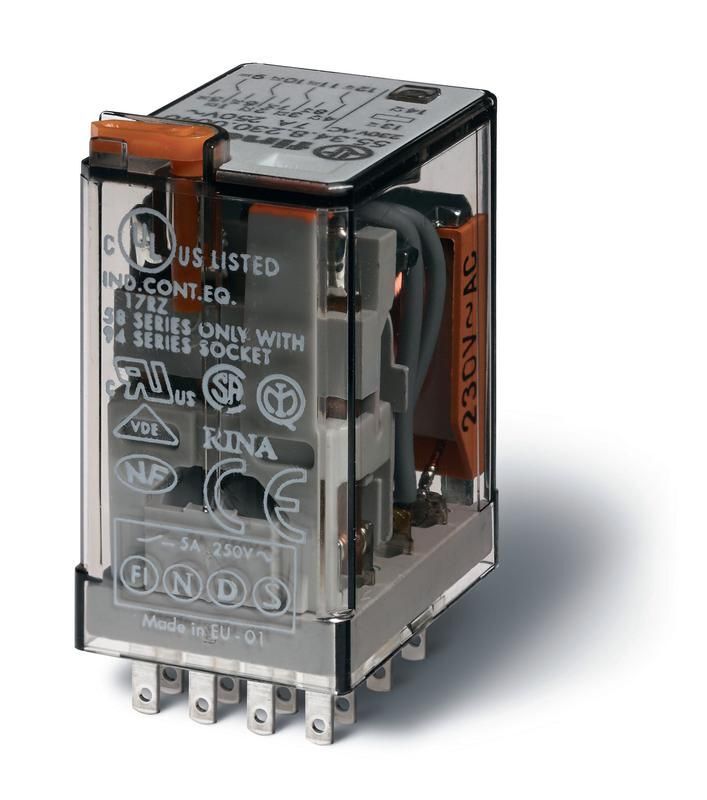 Реле миниатюрное универсальное электромеханич. монтаж в розетку 4CO 7А AgNi 24В DC RTI опции: кнопка тест + диод + LED F