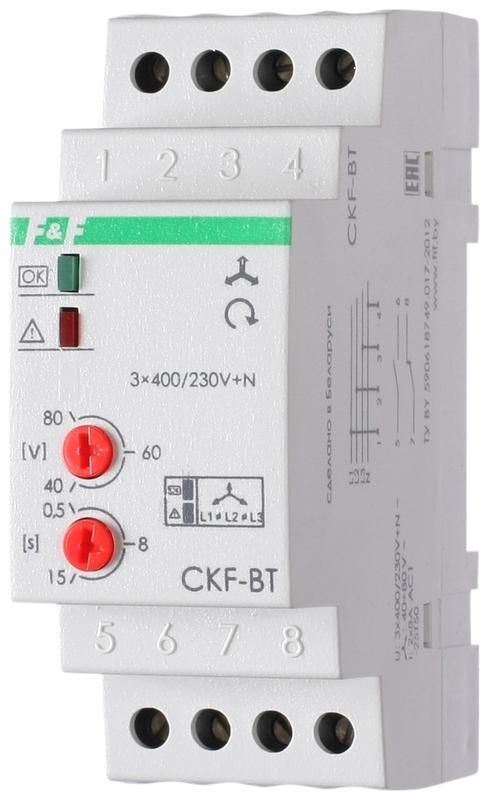 Реле контроля наличия и чередования фаз CKF-BT (монтаж на DIN-рейке 35мм; микропроцессорный; регулировка порога отключен