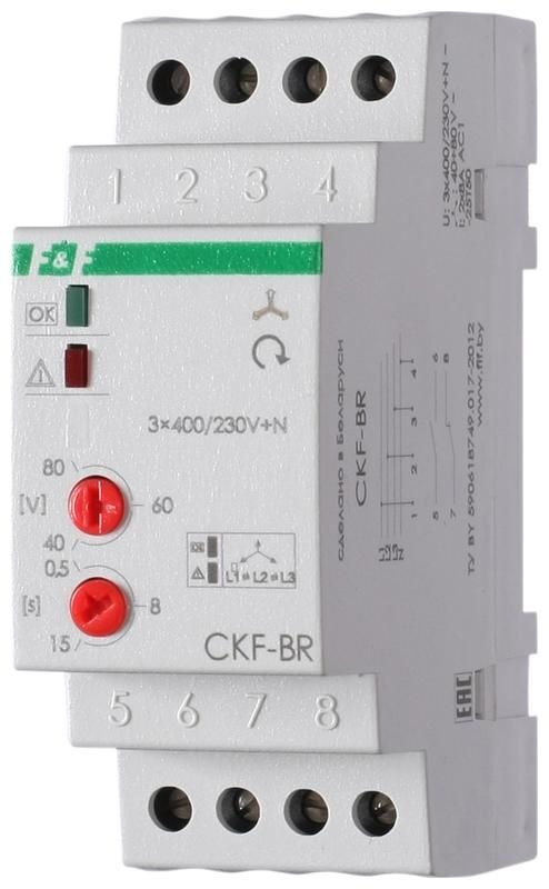 Реле контроля наличия и чередования фаз CKF-BR (монтаж на DIN-рейке 35мм; регулировка порога отключения; регулировка вре