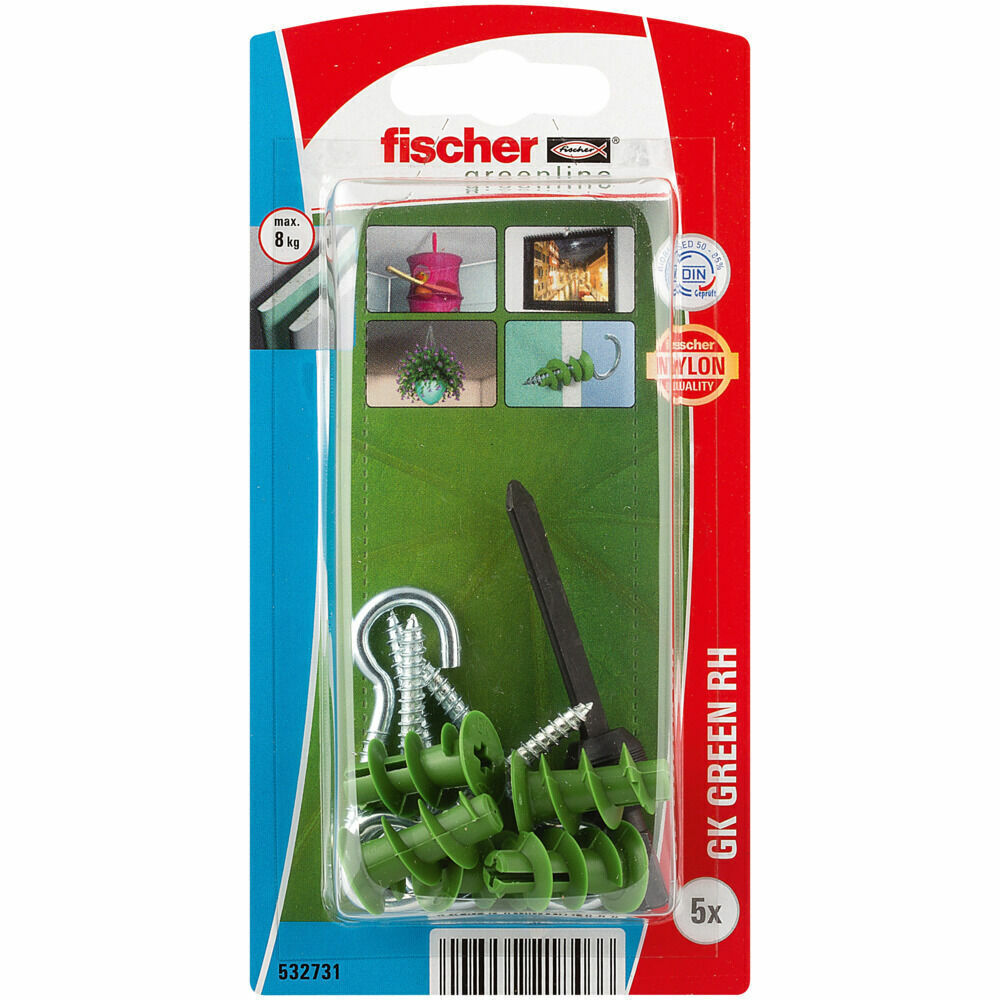 Дюбель для гипсокартона fischer GK Green RH K NV с шурупом-крюком ЭКО, 22 мм (4.3x46 мм) Fischer